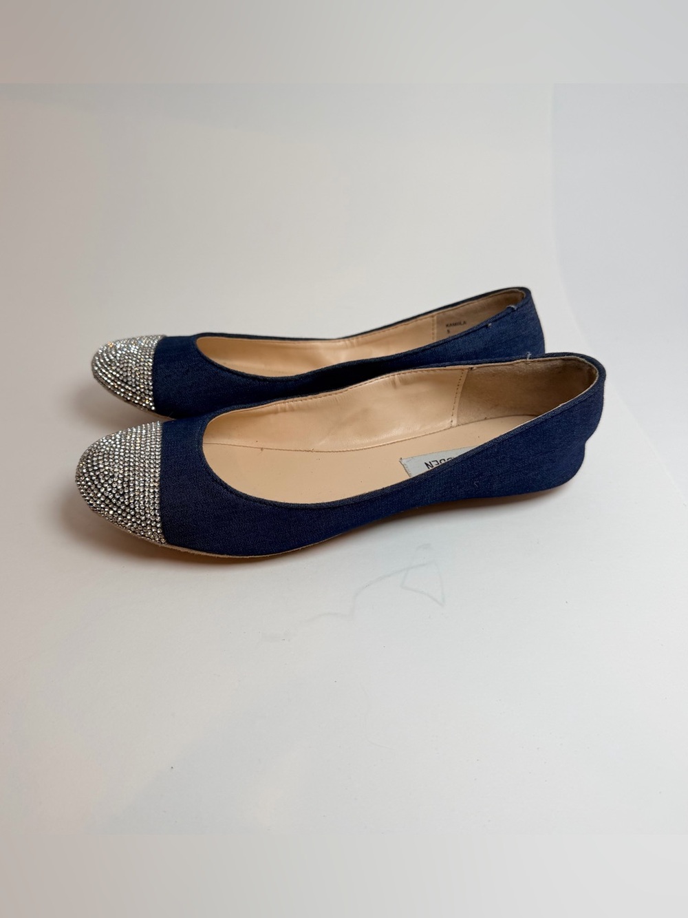 Steve Madden Navy Ballet Flats with Silver Crystal Toe